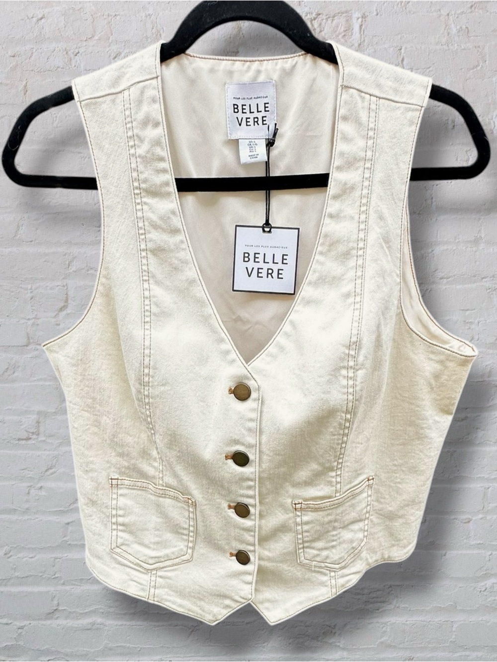 NWT Belle Vere Cream Denim Waistcoat Crop Button Up Vest Size Medium